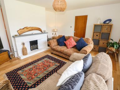 A living room with two sofas a fireplace a patterned rug and a storage unit at Glynderi in Cilgerran