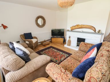 A living room with two sofas a wicker chair a fireplace and a television at Glynderi in Cilgerran