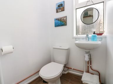 A small bathroom with a toilet sink mirror towel and window at Glynderi in Cilgerran