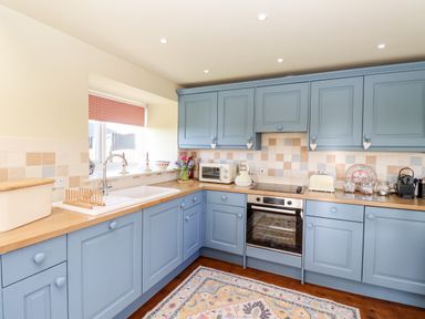 A kitchen with blue cabinets wooden countertops a sink an oven a toaster a microwave and a patterned rug on the floor at The Byre in Longwitton near Morpeth