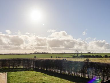 A garden with grass a hedge and fields under a sunny sky at The Byre in Longwitton near Morpeth