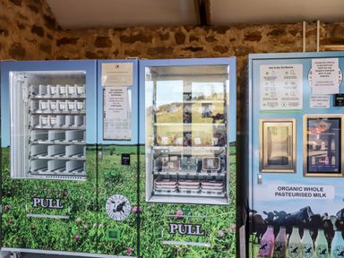 A set of vending machines with dairy products and organic whole pasteurised milk at The Byre in Longwitton near Morpeth