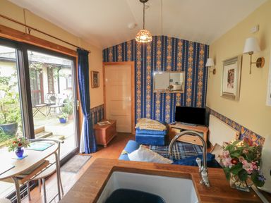A living room with blue patterned wallpaper a small tv on a wooden stand blue chairs a wooden table with a sink and flowers at Turnpike Lodge in Brixham