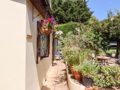 A garden with potted plants and a table at Turnpike Lodge in Brixham