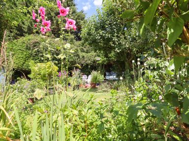 A garden with flowers and chairs at Turnpike Lodge in Brixham