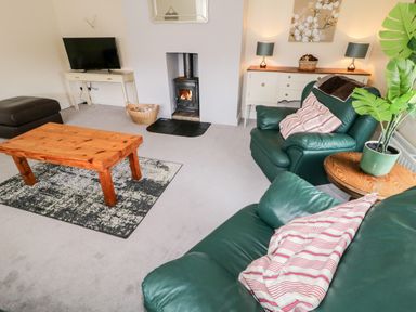 A living room with green leather armchairs a wooden coffee table a television and a fireplace at The Glen in Carndonagh County Donegal
