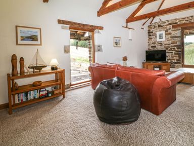 A living room with a brown leather sofa a black bean bag a wooden shelf with books and a lamp and a TV on a wooden cabinet at Birchenhayes in St Dominick