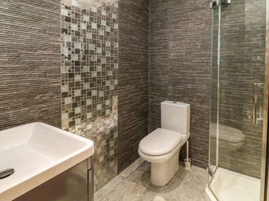 A bathroom with a toilet sink and glass shower enclosure at Birchenhayes in St Dominick