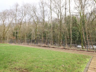 A grassy lawn with a paved walkway and metal fence with leafless trees beyond at Bruach in Backbarrow