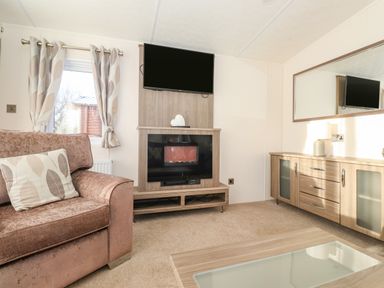 A living room with a sofa and cushion a television above an electric fireplace a wooden cabinet with drawers and glass doors a window with curtains and a wooden table at Pegasus in Felmoor Park