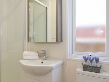 A bathroom sink with faucet towels and a mirror above next to a frosted window and a toilet with flower vases on top at Pegasus in Felmoor Park
