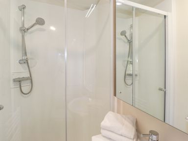 A bathroom with a shower area a showerhead a mirror and folded towels on a sink at Pegasus in Felmoor Park