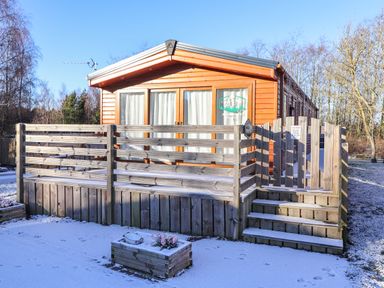 A wooden cabin with a fenced deck and steps covered in snow in an outdoor area