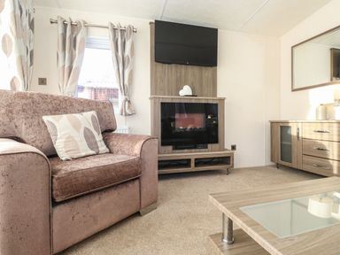 A living room with armchair coffee table TV fireplace sideboard and curtains at Hercules in Felmoor Park