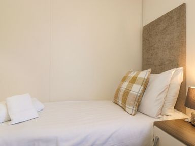 A single bed with white linens and plaid pillow next to a nightstand with a lamp at Hercules in Felmoor Park