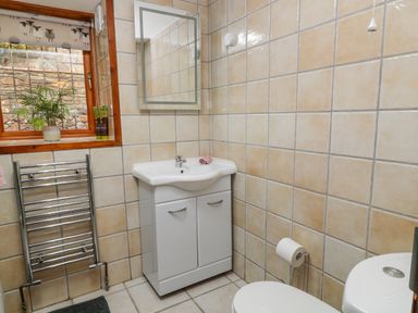 A bathroom with a white sink cabinet mirror toilet and towel rack at Monkleigh Mill in Monkleigh near Bideford