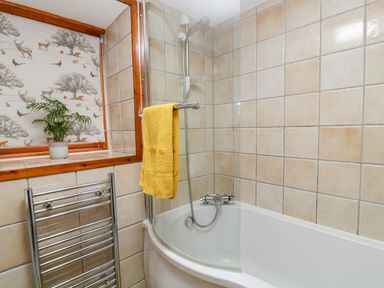 A bathroom with a bathtub shower combination a yellow towel on a shower rail a potted plant on the windowsill and a chrome heated towel rail at Monkleigh Mill in Monkleigh near Bideford