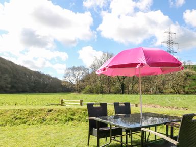 Outdoor patio table with four black chairs and a pink parasol on grass with trees and blue sky in background at Monkleigh Mill in Monkleigh near Bideford