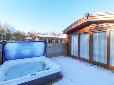 An outdoor deck with a hot tub and wooden buildings in a snowy setting at Draco in Felmoor Park