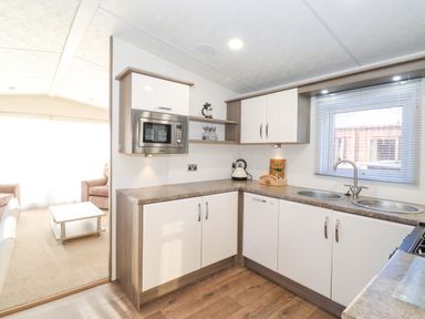 A kitchen with white cabinets a microwave sink and window looking out at Draco in Felmoor Park