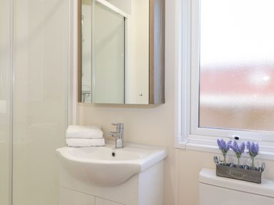 A bathroom with a sink cabinet white towels and lavender flowers in glass vases on a toilet at Draco in Felmoor Park