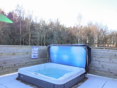 An outdoor hot tub on a wooden deck with a safety sign and trees in the background at Draco in Felmoor Park