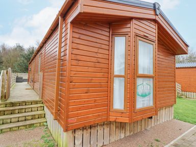 Exterior view of a wooden cabin with windows and a small wooden deck at Draco in Felmoor Park
