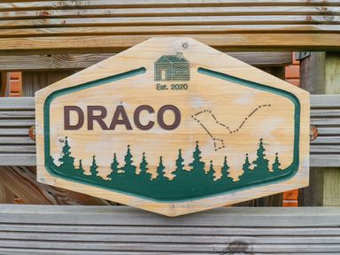 A wooden sign with the text Draco surrounded by tree silhouettes and a house icon above at Draco Felmoor Park