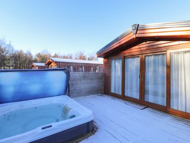An outdoor deck with a hot tub and wooden cabin doors at Ursa in Felmoor Park