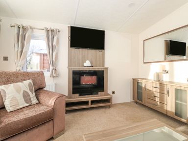 A living room with a sofa a television above a fireplace and a wooden cabinet at Ursa in Felmoor Park