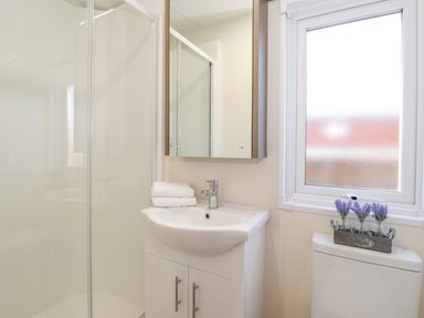 A bathroom with a shower cubicle a sink with a cabinet a mirror a toilet and a window with flowers at Ursa Felmoor Park