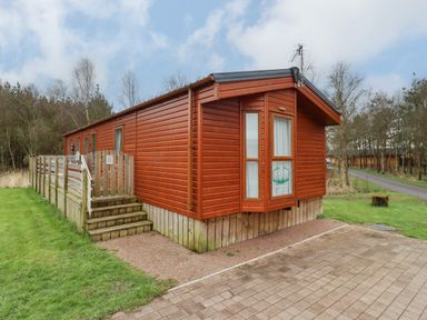 A wooden cabin with a small fenced porch and stairs surrounded by grass and trees at Ursa in Felmoor Park