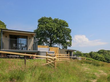 Two small cabins with balconies and outdoor furniture on a grassy hillside at Rooster's Rest in Rhaedr Gwy near Rhayader
