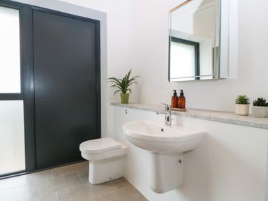 A bathroom with a white sink and toilet next to a black door with plants on a marble countertop at Pen-Y-Bryn in Llanfairpwllgwyngyll