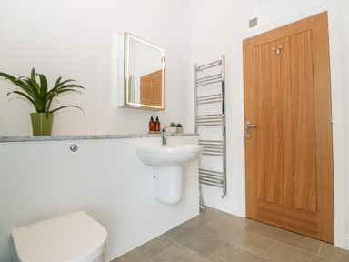 A bathroom with a wall-mounted sink, toilet, illuminated mirror cabinet, potted plants, towel radiator, and wooden door at Pen-Y-Bryn in Llanfairpwllgwyngyll