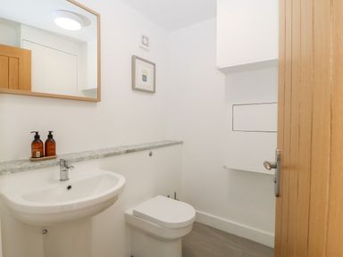A bathroom with a sink a toilet a mirror and wooden door at Pen-Y-Bryn in Llanfairpwllgwyngyll