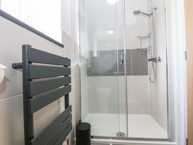 A bathroom shower enclosure with glass doors a wall-mounted showerhead a grey towel radiator and a black trash bin at Pips Barn in Brynteg near Benllech