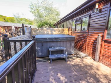 An outdoor deck area with a hot tub and two steps next to a wooden cabin at Ghyll Lodge Grasmere 25 White Cross Bay Windermere
