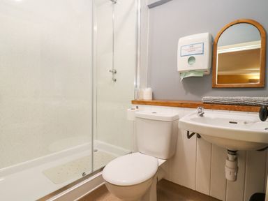 A bathroom with a toilet sink mirror and shower at Wick Court Farm in Arlingham near Frampton On Severn