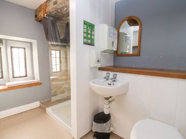 A bathroom with a sink mirror shower and window at Wick Court Farm in Arlingham near Frampton On Severn