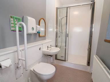 A bathroom with a toilet, sink, grab rail, paper towel dispensers, a shower with sliding glass door, and a radiator at Wick Court Farm in Arlingham near Frampton On Severn