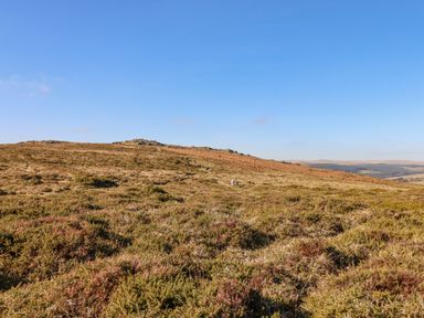 A grassy hillside under a clear blue sky with a few scattered rocks at Early Mist Cottage in Haytor Vale