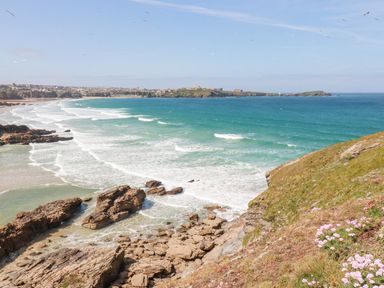 A coastal view with waves crashing on rocky shore and grassy cliff with pink flowers at 7 Longshore in St Columb Minor