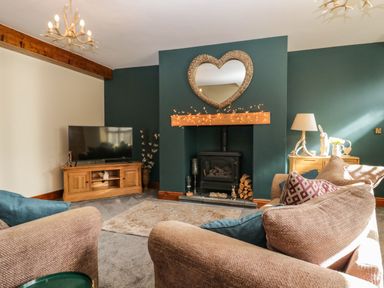 A living room with a fireplace tv and sofas at The Anvil in Broughton-In-Furness