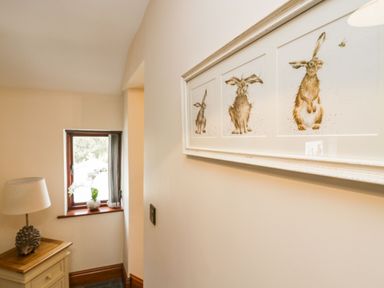 A hallway with framed artwork of rabbits on the wall next to a window with a lamp and vase on a small cabinet at The Anvil in Broughton-In-Furness