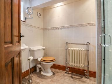 A bathroom with a toilet with a wooden seat a wall-mounted mirror a towel radiator and a glass shower door at The Anvil in Broughton-In-Furness