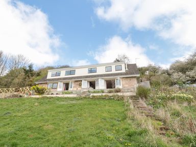 A house with multiple windows and open doors on a grassy slope with stairs and trees in the background at Whiteadder Bank in Berwick-Upon-Tweed