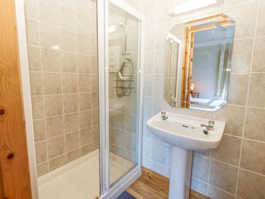 A bathroom with a shower enclosure sink and a mirror at Cloughoge House in Kilrush County Clare