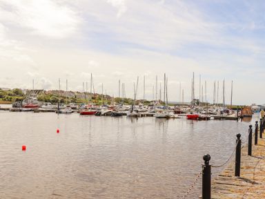 A harbor with sailboats and motorboats docked along piers and houses in the background at Cloughoge House in Kilrush County Clare