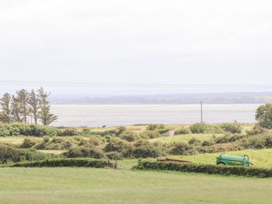 A rural landscape with grassy fields bushes trees a water body and a green agricultural machine at Cloughoge House in Kilrush County Clare